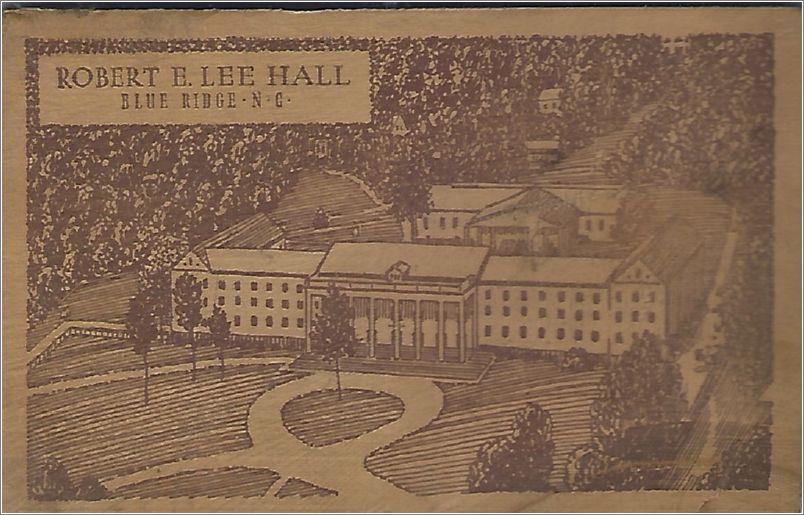 Robert E Lee Hall, Blue Ridge NC (wooden postcard) dixienov-000-a01-f