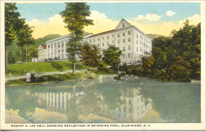 Robert E Lee Hall showing reflection in Swimming Pool, Blue Ridge NC spc0b600a01-f