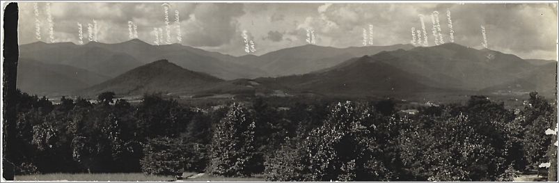 (not marked - View from Lee Hall with mountain ranges identified) Craggy Knob, Craggy Garden, Saddle, Craggy Pinnacle, Allene Knob (Foreground), Bull's Head, Balsam Gap, Black Stock, Seven Sisters, Potato Knob (background), Mt Mitchell (not visable), Gray Beard, Pinnacle unk033a01-f