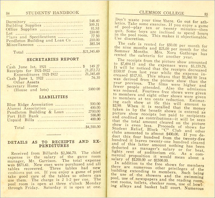 1922-23 Clemson College YMCA Handbook (pp 84-85) x05-clem1922-04