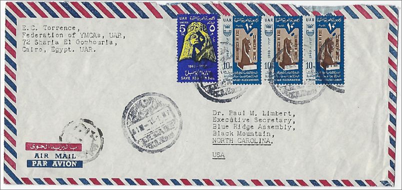 Envelope sent from Federation of YMCAs UAR, Cairo Egypt UAR to Paul Limbert, Blue Ridge Assembly x06-misc-13-f