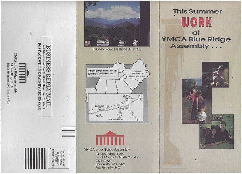 This Summer Work at YMCA Blue Ridge Assembly (1994 Summer Staff recruitment tri-fold) x06-misc-14-f