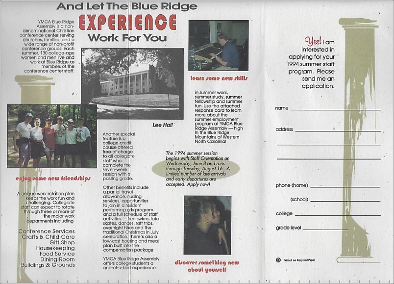 This Summer Work at YMCA Blue Ridge Assembly (1994 Summer Staff recruitment tri-fold) x06-misc-14-f