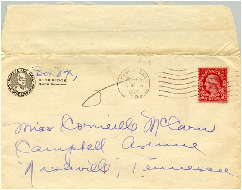 Corneilla McCram, letter sent from Blue Ridge, postmarked Aug 16 1927 (envolope front) x10-mccarm1927-01