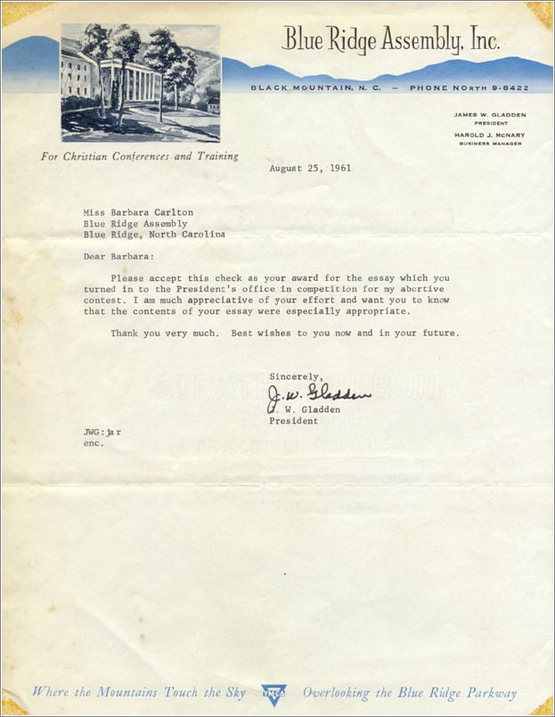Barbara Carlton summer 1961 papers: August 25, 1961 Essay Award Letter x11-bcarlton1961-01