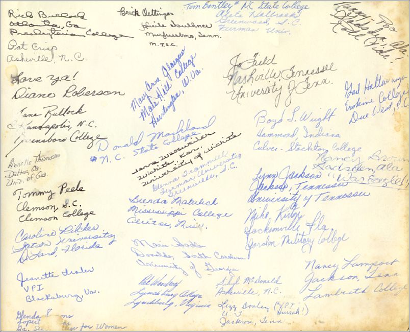Barbara Carlton summer 1961 papers: Blue Ridge Assembly Staff 1961 photo (back with signatures) x11-bcarlton1961-03