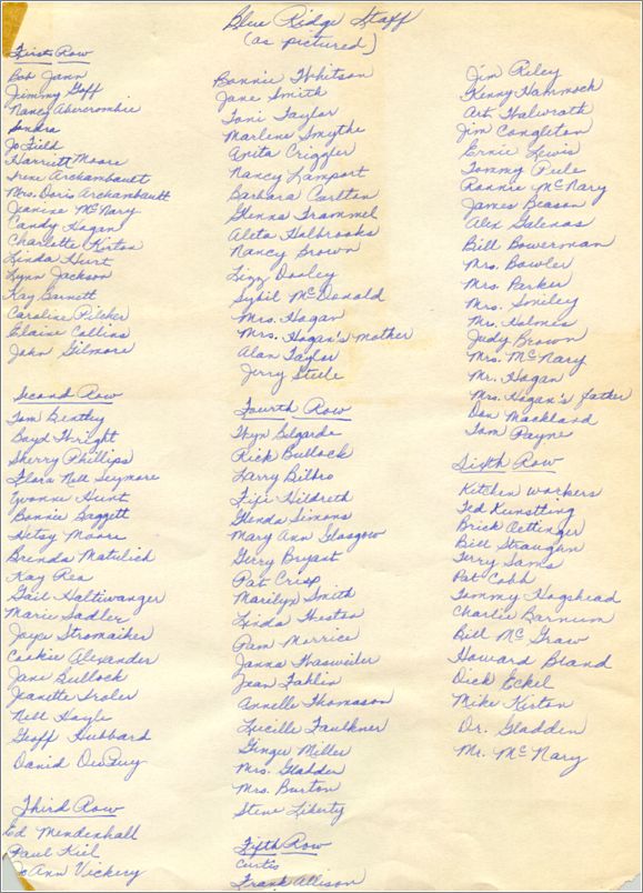 Barbara Carlton summer 1961 papers: Blue Ridge Staff as pictured (handwritten staff list) x11-bcarlton1961-04