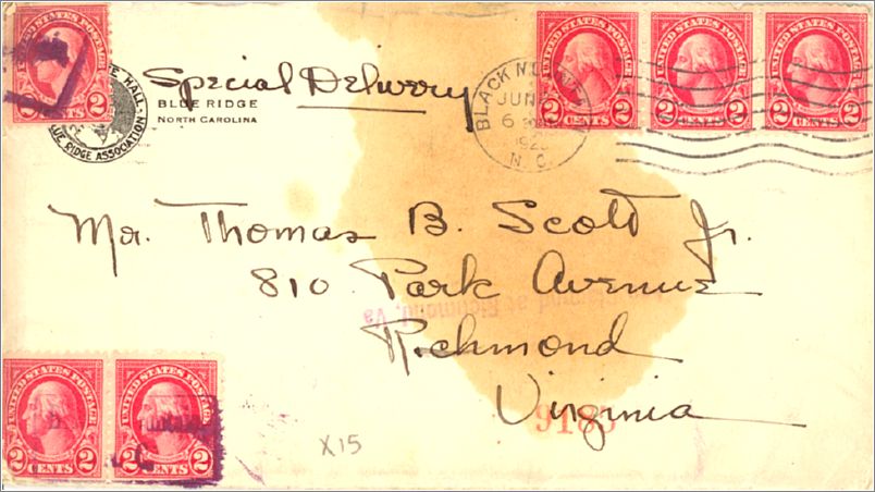 Thomas B Scott, letter sent from Blue Ridge, postmarked June 27 1923 (envolope front) x15-tscott1923-01