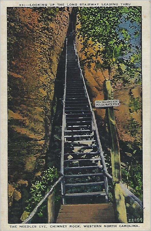 Looking up the long stairway leading thru the Needles Eye, Chimney Rock, Western North Carolina x19-apc033-22144-a01-f