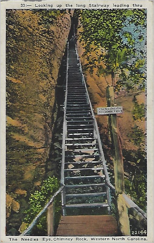 Looking up the long stairway leading thru the Needles Eye, Chimney Rock, Western North Carolina x19-apc033-22144-b01-f