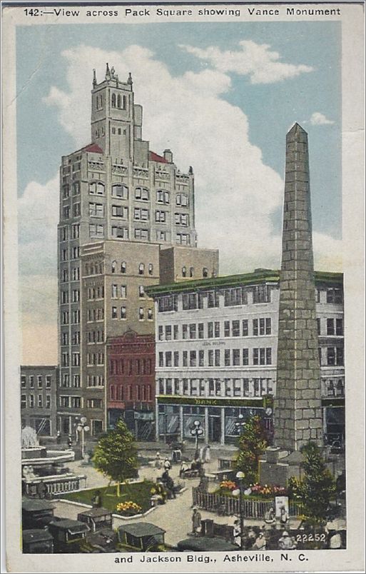 View across Pack Square showing Vance Monument and Jackson Bldg., Asheville NC x19-apc142-22252-a01-f