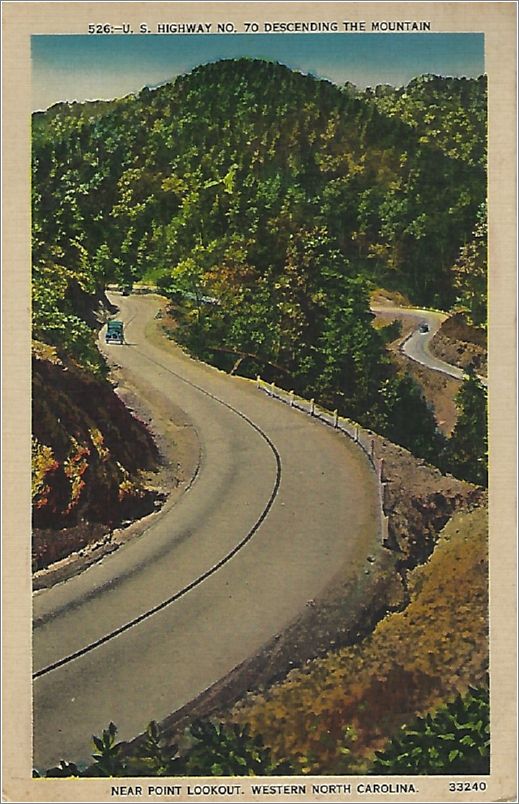 US Highway No. 70 Descending the Mountain near Point Lookout, Western North Carolina (vertical, with cars; card says Highway 70) x19-apc526-33240-a01-f