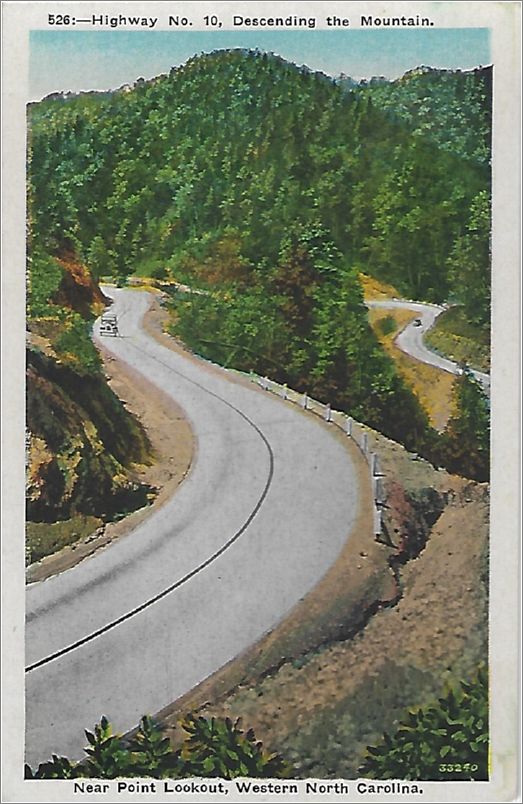 Highway No 10,  Descending the Mountain near Point Lookout, Western North Carolina (vertical, with cars, card says Highway 10) x19-apc526-33240-b01-f