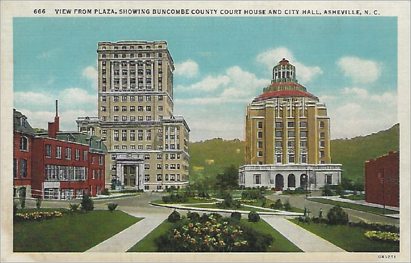 View from plaza showing Buncombe County Court House and City Hall, Asheville NC x19-apc666a01-f