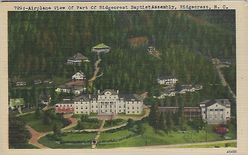 Airplane View of Part of Ridgecrest Baptist Assembly, Ridgecrest NC (looks like typewriter font) x19-apc729a01-f