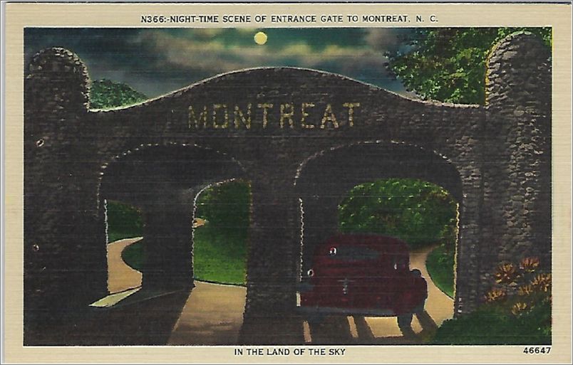 Night-time scene of entrance gate to Montreat NC, In the Land of the Sky x19-apcn485a01-f