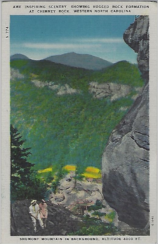 Awe Inspiring Scenery, Showing Rugged Rock Formation at Chimney Rock, Western North Carolina, Shumont Mountain in Background, altitude 4000 ft. x19-apcn774a01-f