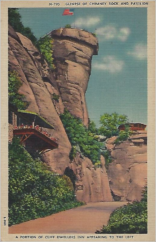 Glimpse of Chimney Rock and Pavilion, a portion of Cliff Dwellers Inn appearing to the left x19-apcn795a01-f