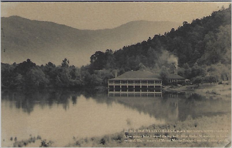 Black Mountain College, Black Mountain, North Carolina, View across Lake toward dining hall. Blue Ridge Mountains in the background. There is a view of Mount Mitchell from the dining hall (BMC - Lake Eden location) x19-fpp000a01-f