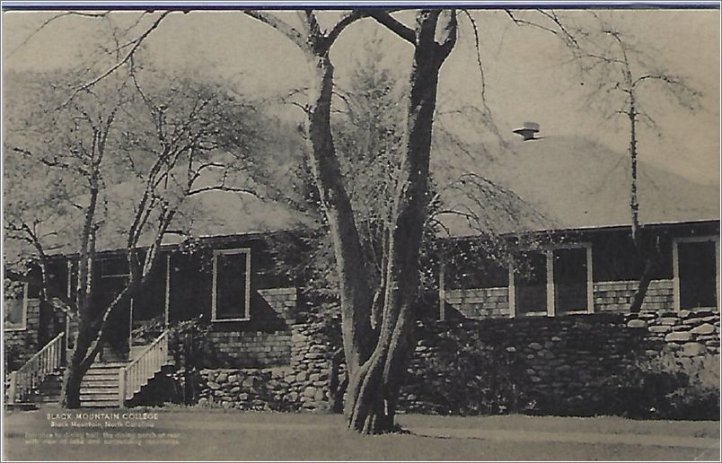 Black Mountain College, Black Mountain, North Carolina, Entrance to dining hall; the dining porch at rear with view of lake and surrounding mountains (BMC - Lake Eden location) x19-fpp000b01-f
