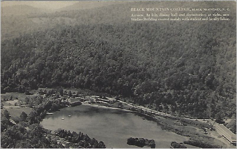 Black Mountain College, Black Mountain, NC, Airview. At left, dining hall and dormitories; ta right, new Studies building erected mainly with student and faculty labor. (BMC - Lake Eden location) x19-fpp000d01-f