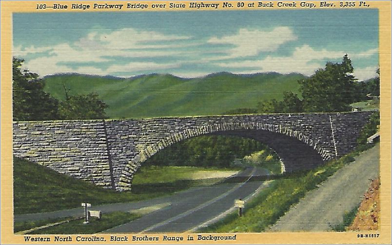 Blue Ridge Parkway Bridge over State Highway No. 80 at Buck Creek Gap, Elev. 3,355 ft. / Western North Carolina, Black Brothers Rane in Background x19-hnm103a01-f