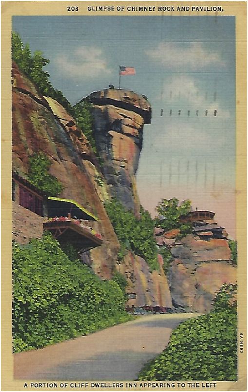 Glimpse of Chimney Rock and Pavilion, a portion of Cliff Dwellers Inn appearing to the left x19-hnm203a01-f