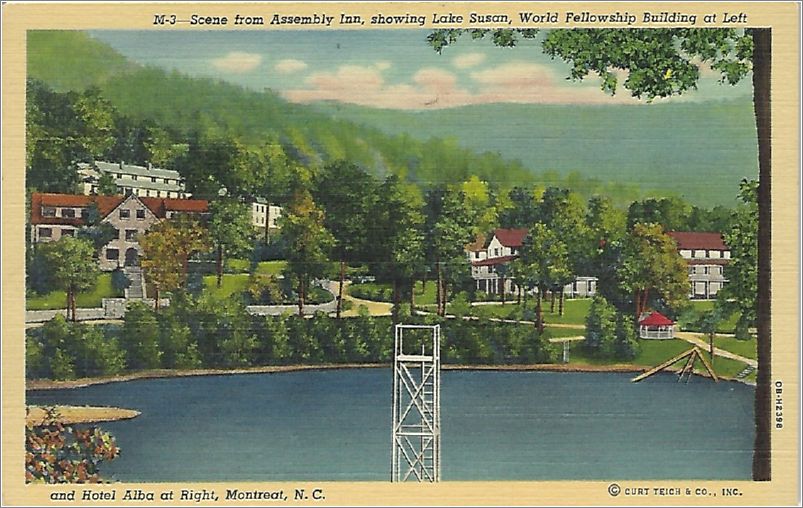 Scene from Assembly Inn, showing Lake Susan, World Fellowship Building at left and Hotel Alba at right, Montreat NC x19-hnmm03a01-f