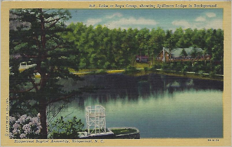 Lake at Boys Camp, showing Spillman Lodge in Background, Ridgecrest Baptist Assembly, Ridgecrest NC (note: Spilman is spelled with two 