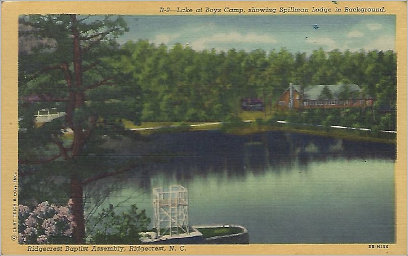 Lake at Boys Camp, showing Spillman Lodge in Background, Ridgecrest Baptist Assembly, Ridgecrest NC (note: Spilman is spelled with two 