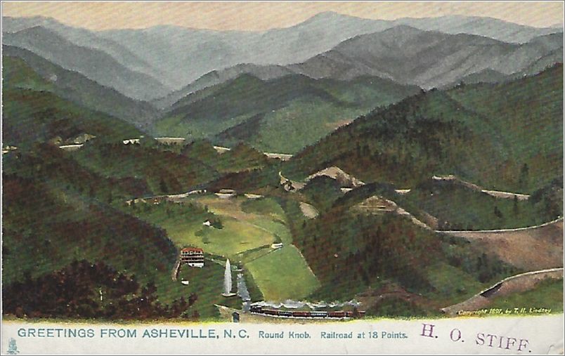 Greetings from Asheville NC, Round Knob. Railroad at 18 Points (card says 18 points, not 17) x19-rts2077b01-f