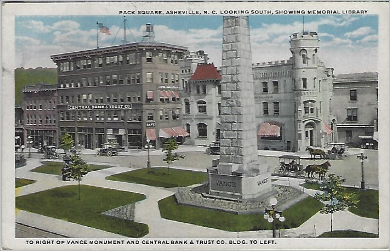 Pack Square, Asheville NC, Looking South, Showing Memorial Library to right of Vance Monument and Central Bank & Trust Co. Bldg. to left x19-spc0b369-r78341-a01-f