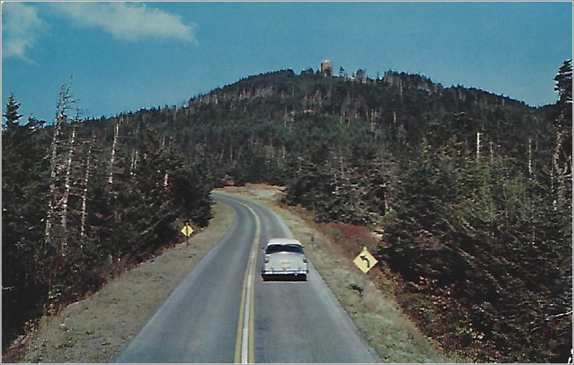 Mount Mitchell, Highest Peak East of the Mississippi River, Elevation 6684 feet, The observation tower on top of Mt. Mitchell is seen in the distance. (Plastichrome, but no publisher) x19-unk036-p016358-a01-f