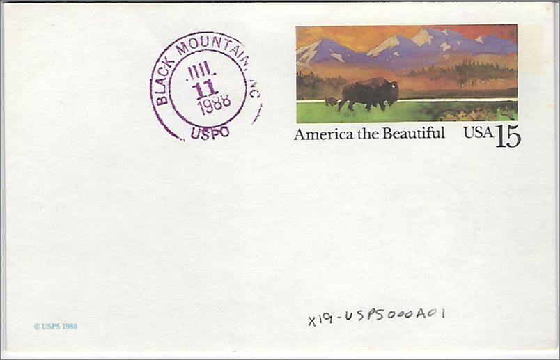 USPS 1988 Postal Card - America the Beautiful USA 15 (cent) (PM: Black Mountain stamp on front and back) x19-usps000a01-f