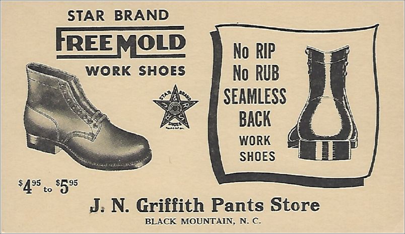 JN Griffith Pants Store, Black Mountain NC. Star Brand Free Mold Work Shoes (advertisement card) x19-usps000b01-f